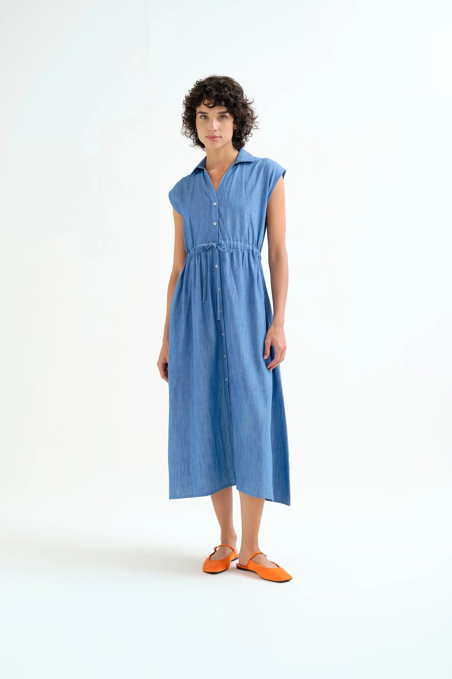 Vestido midi 100% algodón chambray azul claro