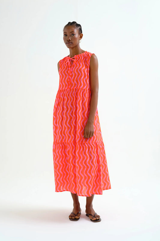 Vestido largo playero con estampado Wave Red & Pink