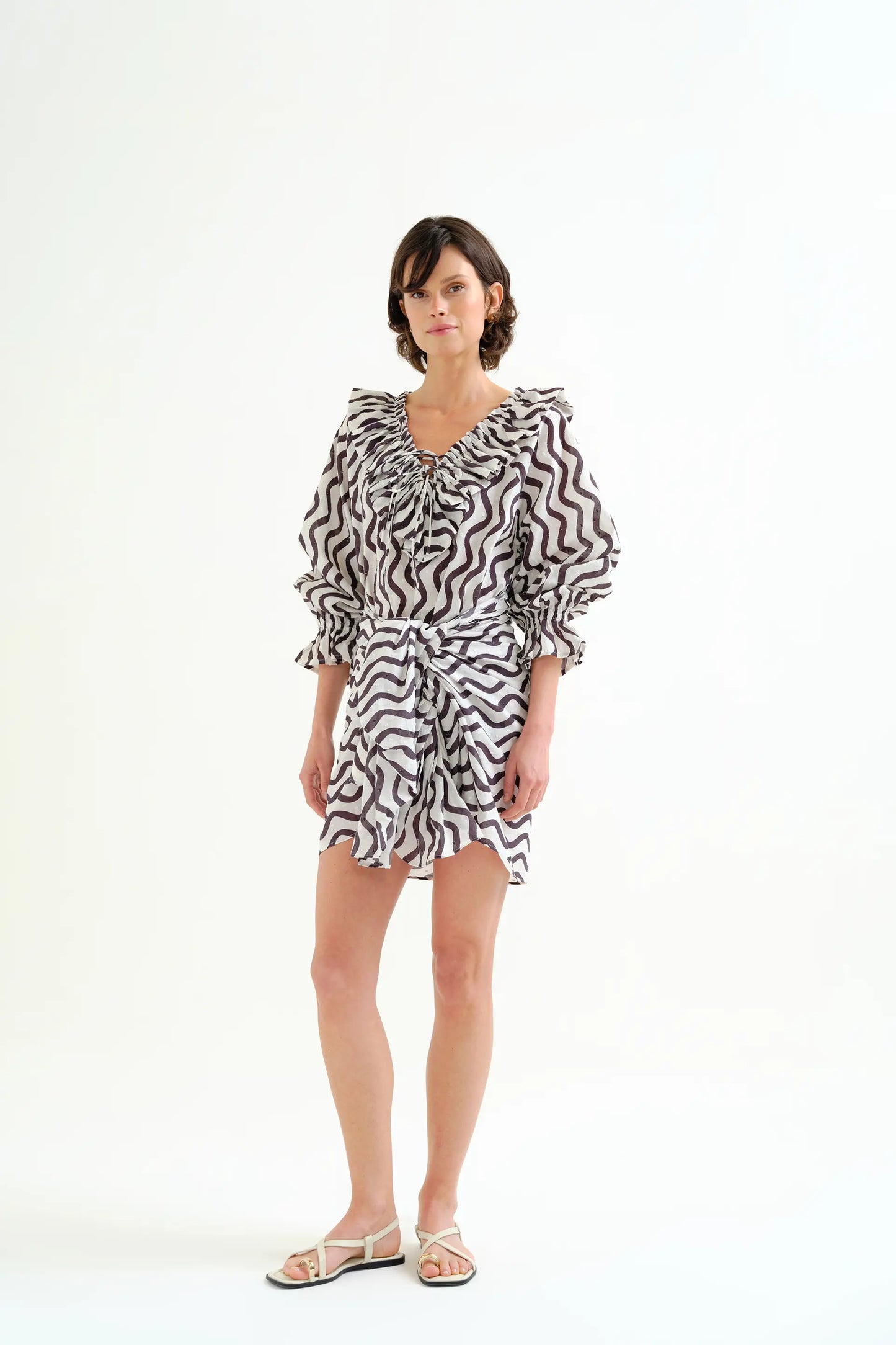 Black &amp; White Wave Print Beach Top with Ruffles