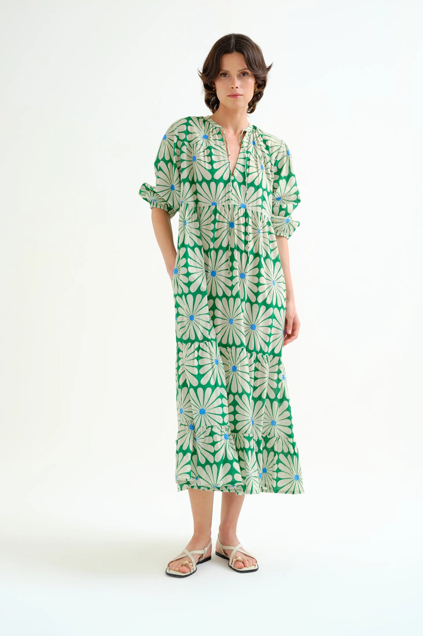 Abito lungo da spiaggia con stampa Olive Flower Green