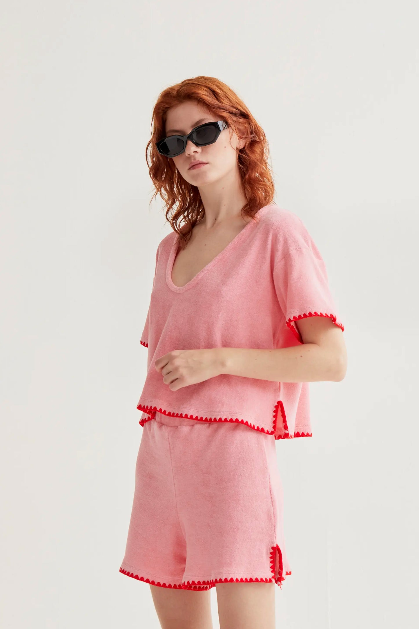 Top da spiaggia in cotone 100% con stampa rosa