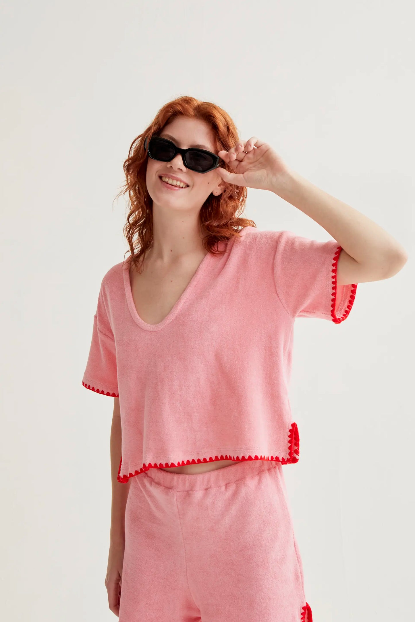 Top da spiaggia in cotone 100% con stampa rosa
