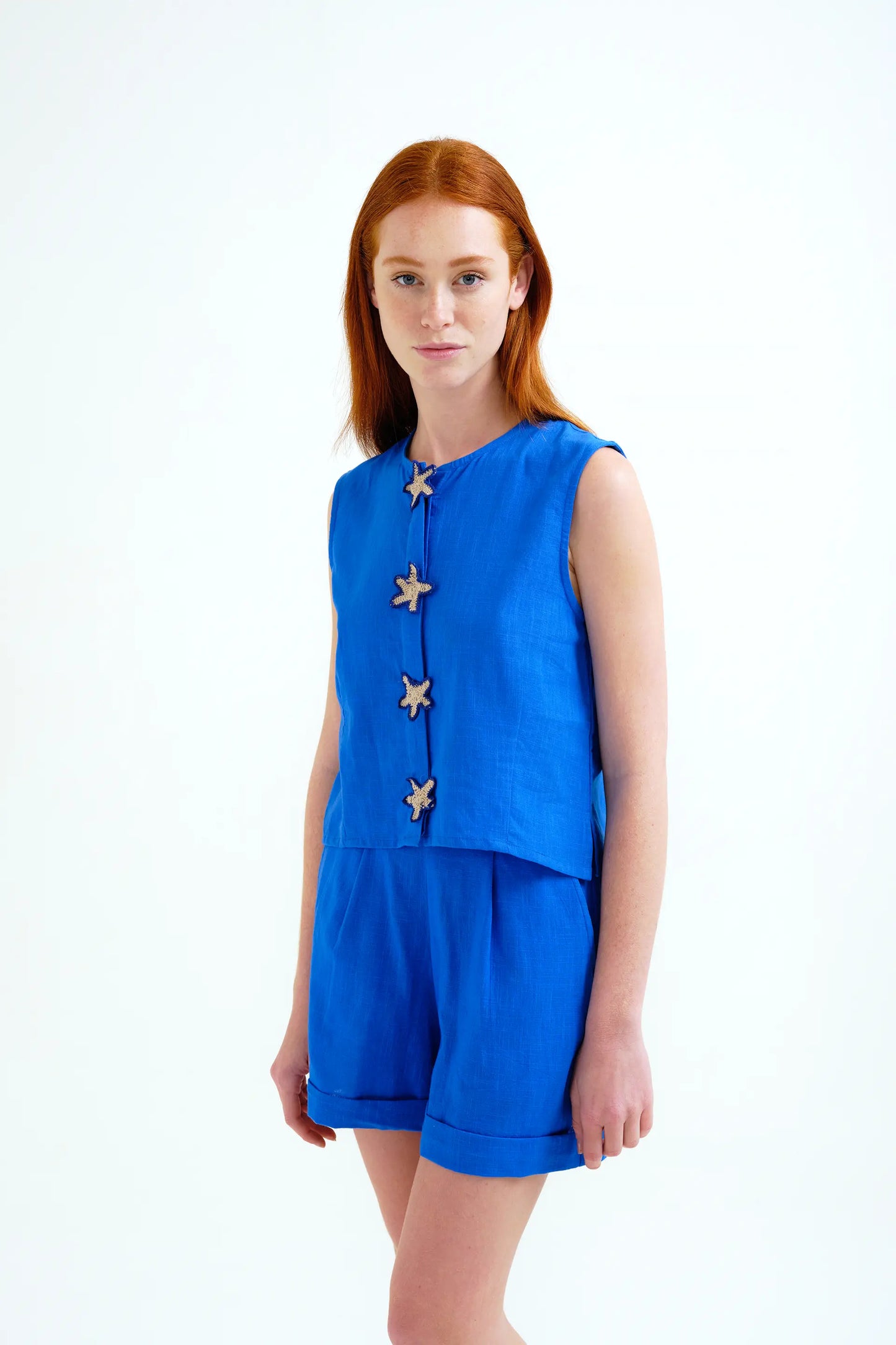 Navy blue 100% cotton top with star appliqué