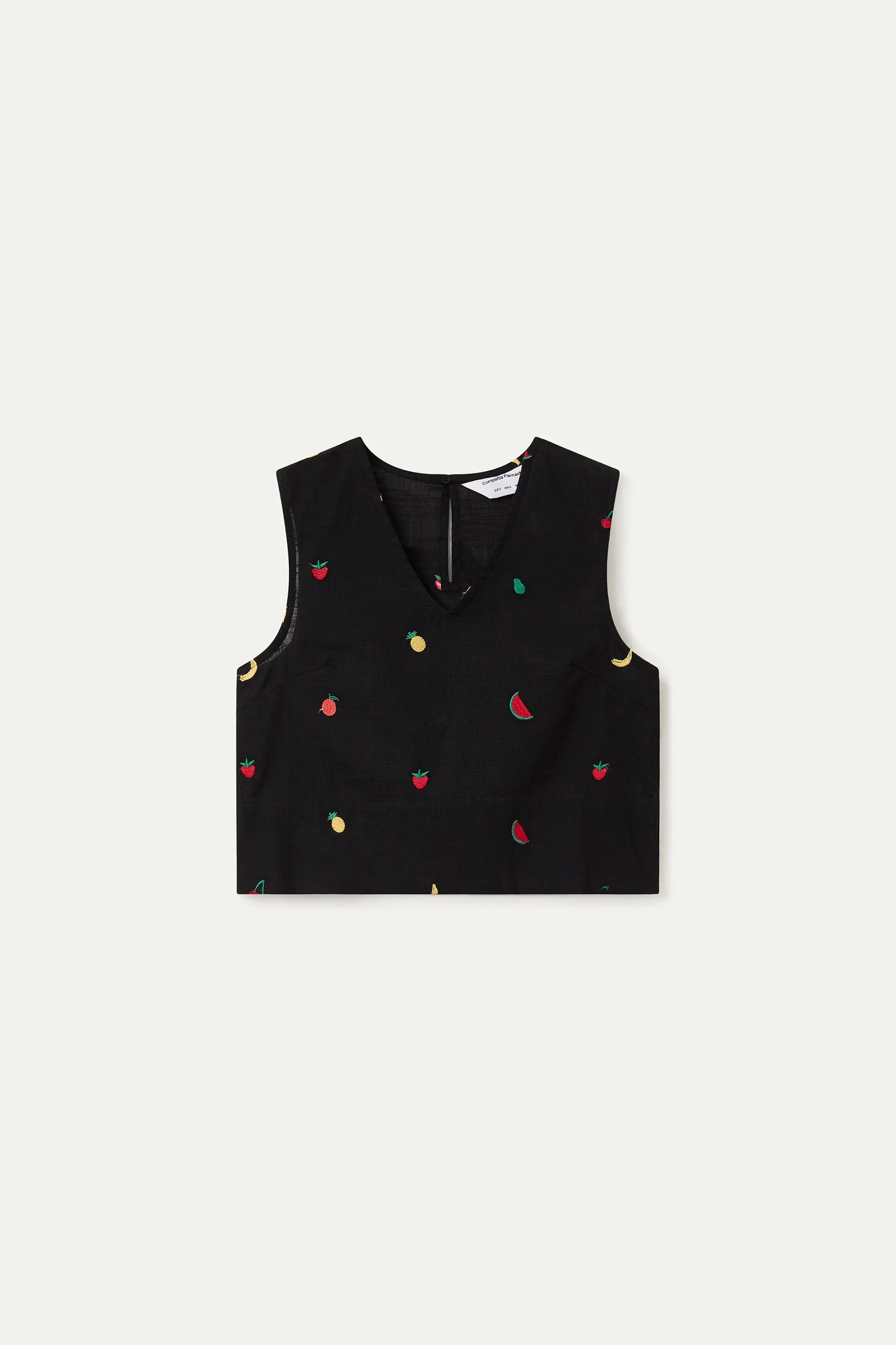Top 100% algodón negro con bordado de Ensalada de frutas