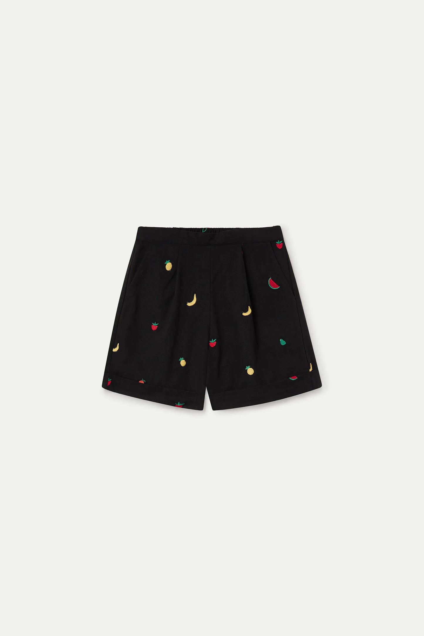 Shorts 100% algodón negro con bordado de Ensalada de frutas