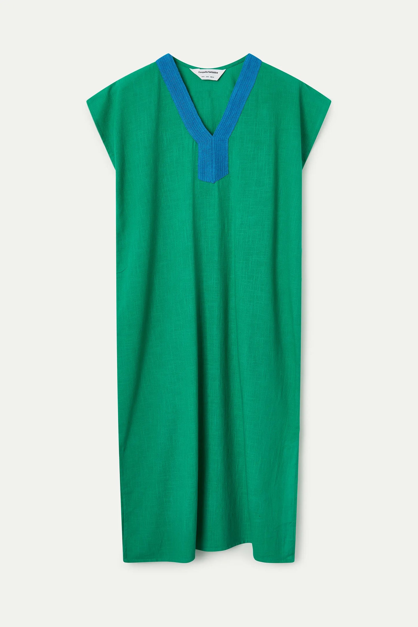 Kaftan largo verde con escote azul