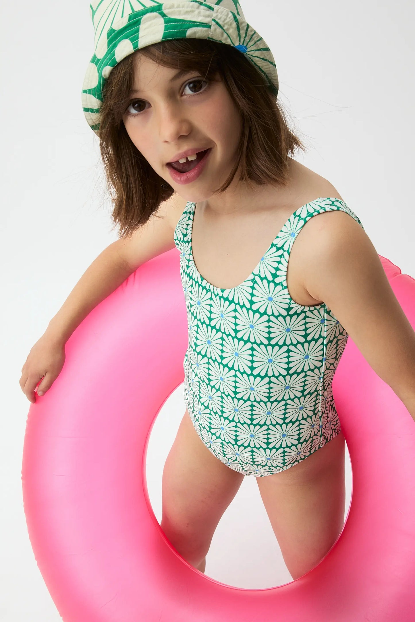 Costume da bagno da bambina con stampa Olive Flower Green