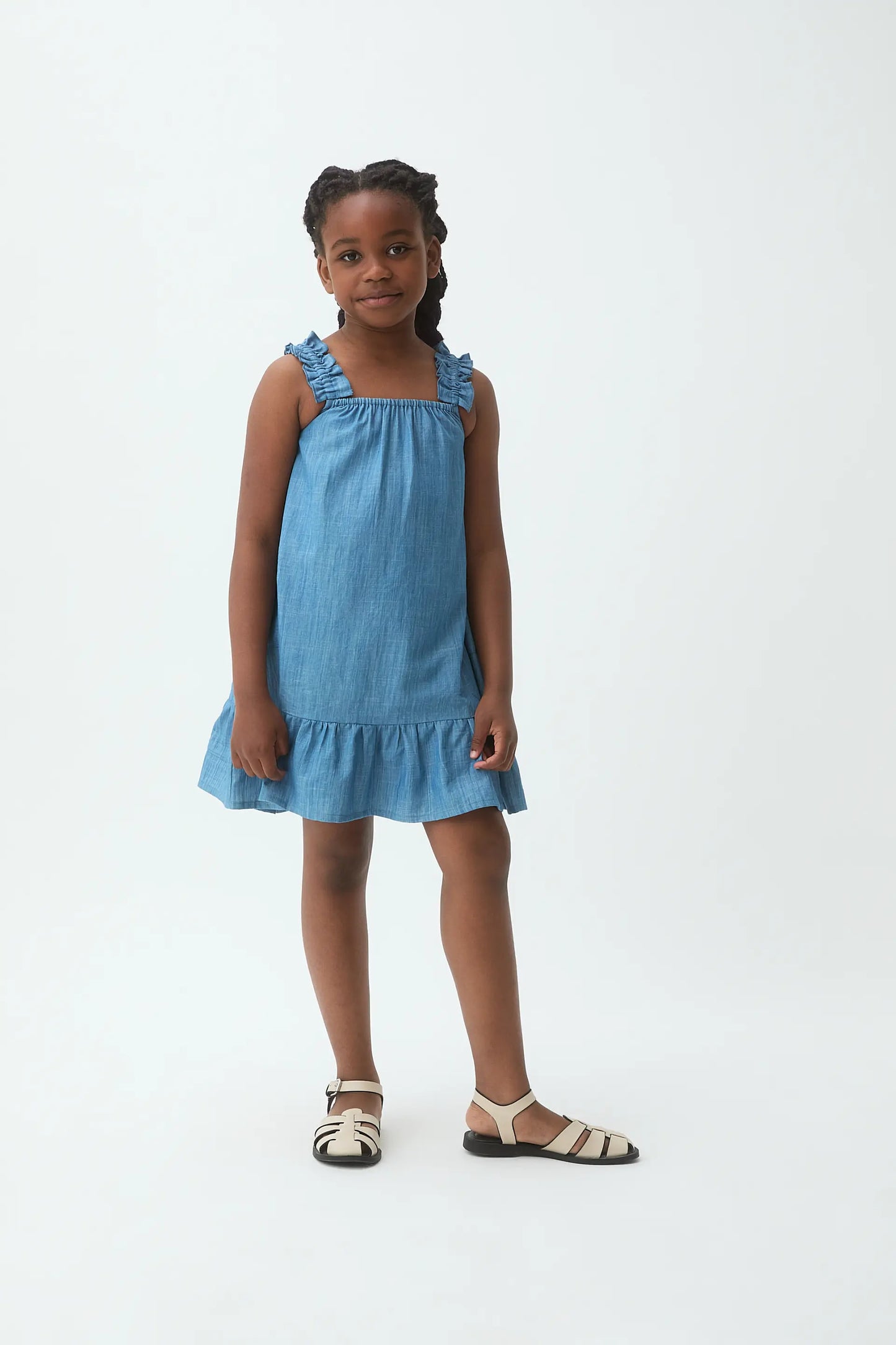 Short dress for girls, 100% cotton chambray