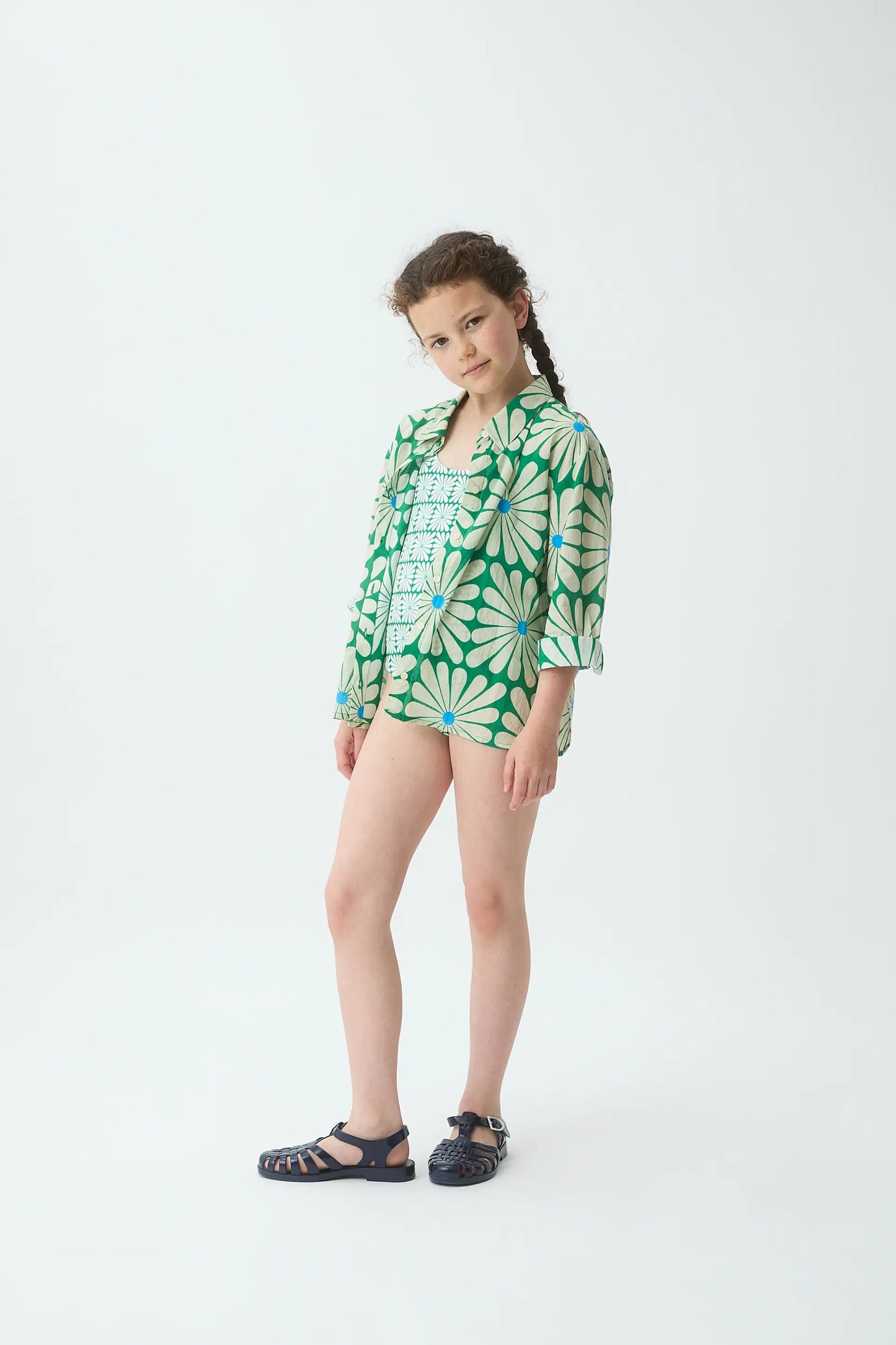 Camisa de niña con estampado Olive Flower Green