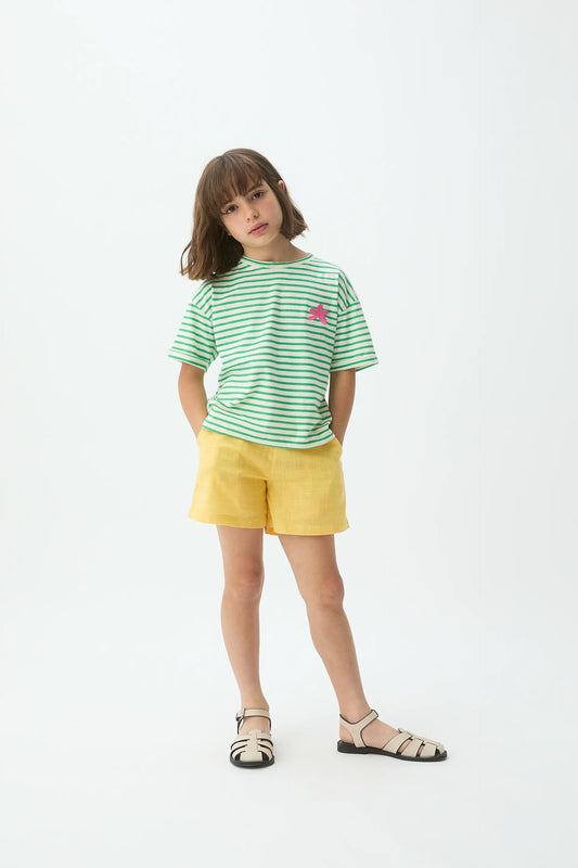 Camiseta de niña 100% algodón con estampado de rayas blanco y verde