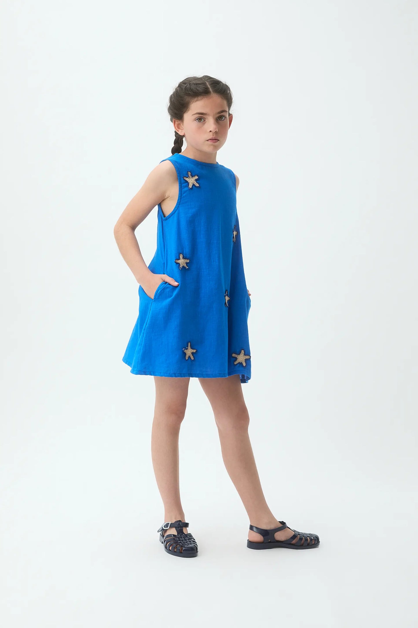 Abito corto da bambina, 100% cotone, blu navy con toppa a stella