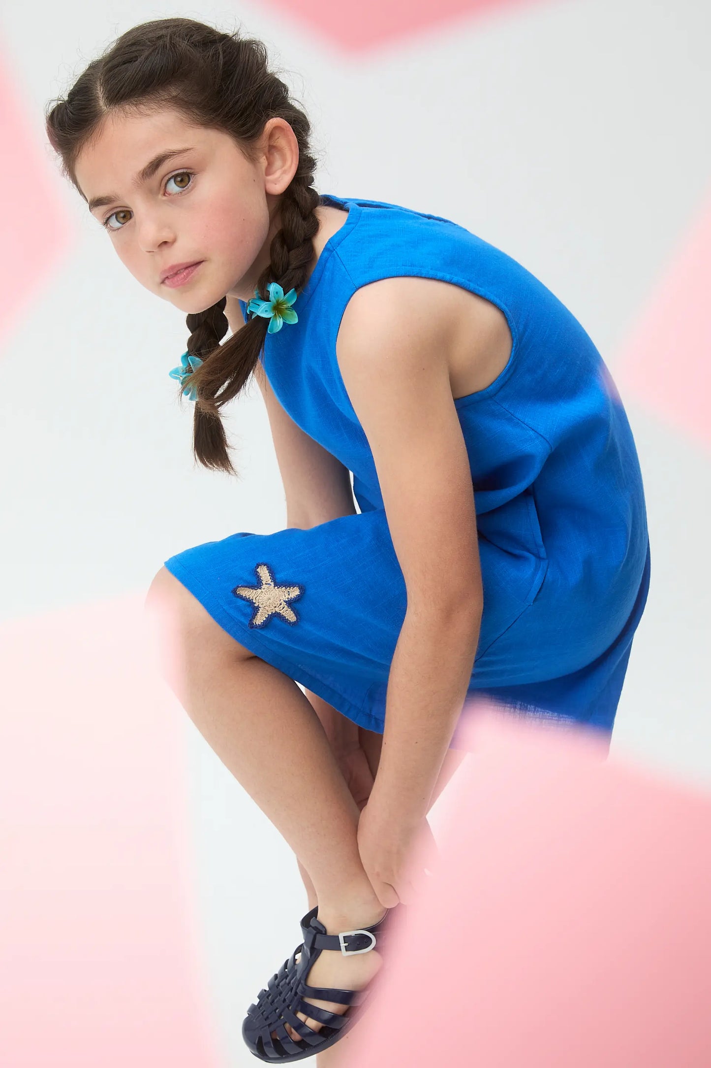 Abito corto da bambina, 100% cotone, blu navy con toppa a stella