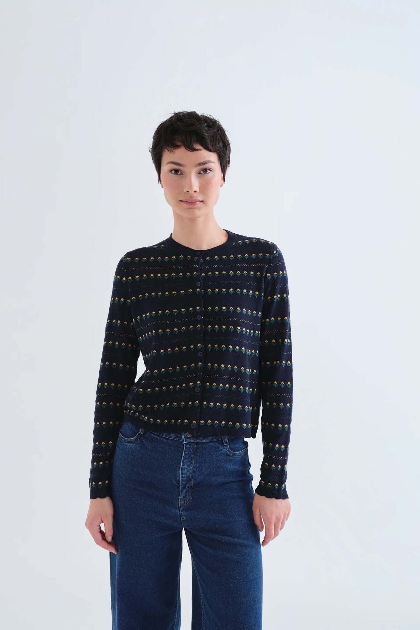 Navy blue cardigan with embroidered flowers