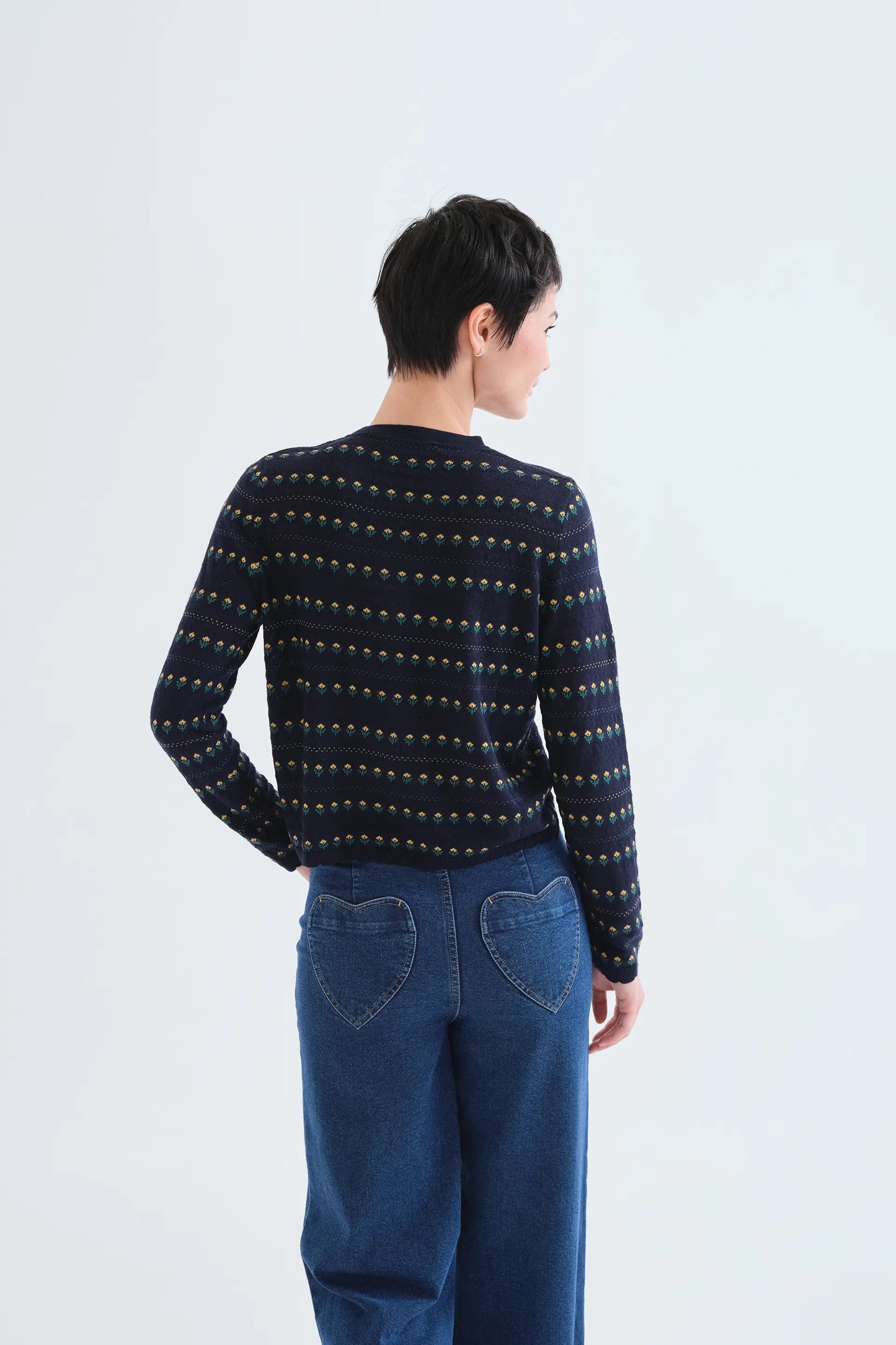 Navy blue cardigan with embroidered flowers