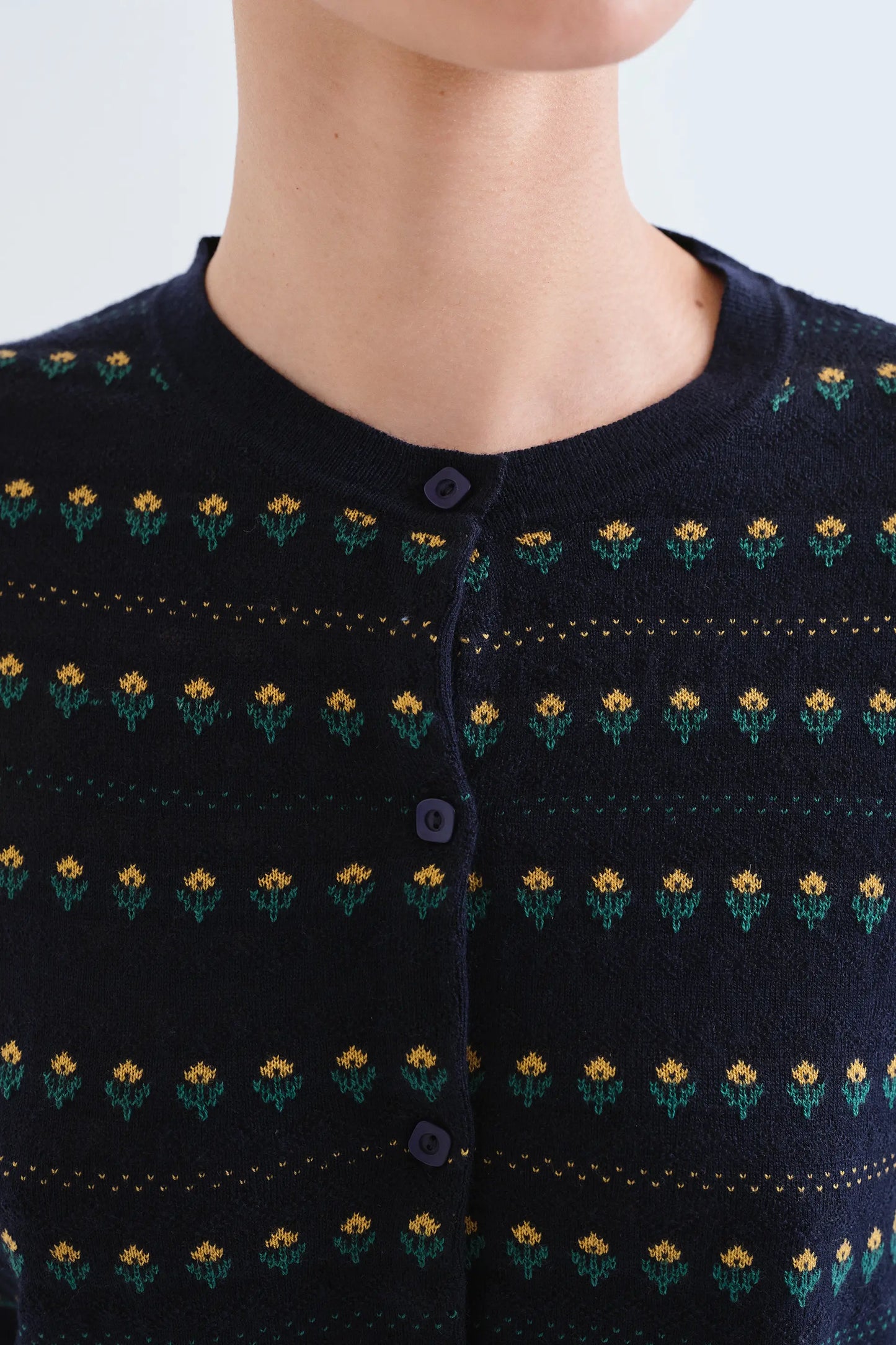 Navy blue cardigan with embroidered flowers