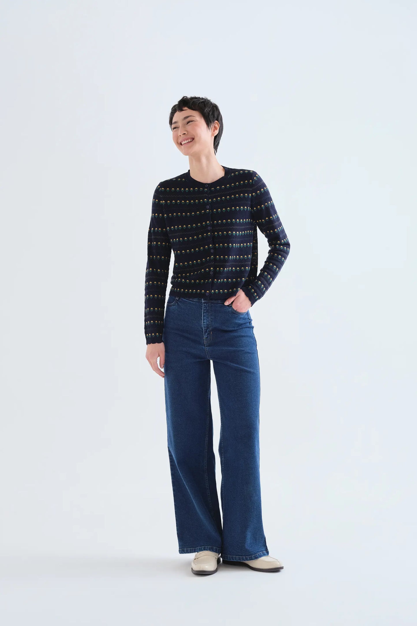 Navy blue cardigan with embroidered flowers