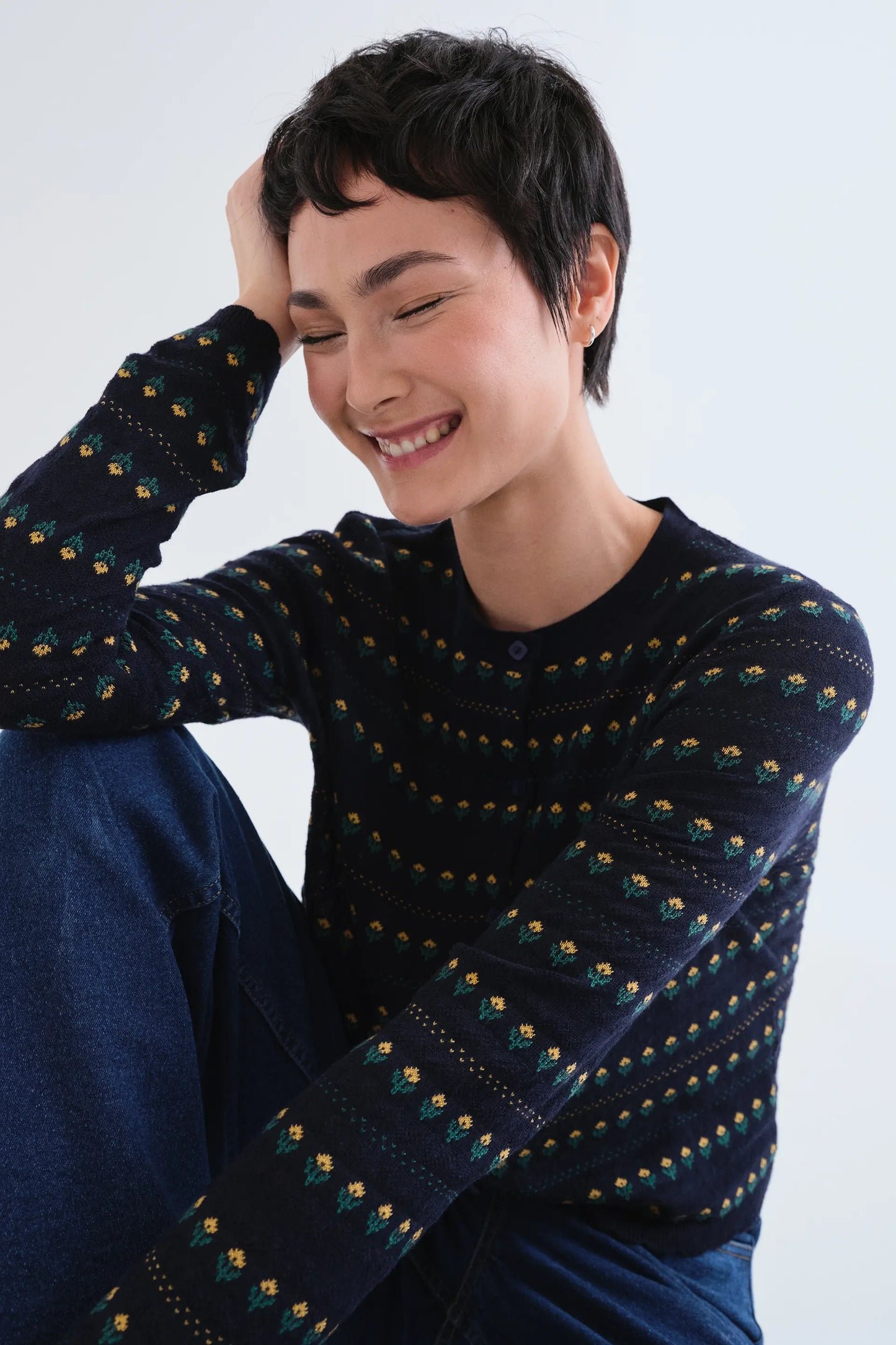 Navy blue cardigan with embroidered flowers