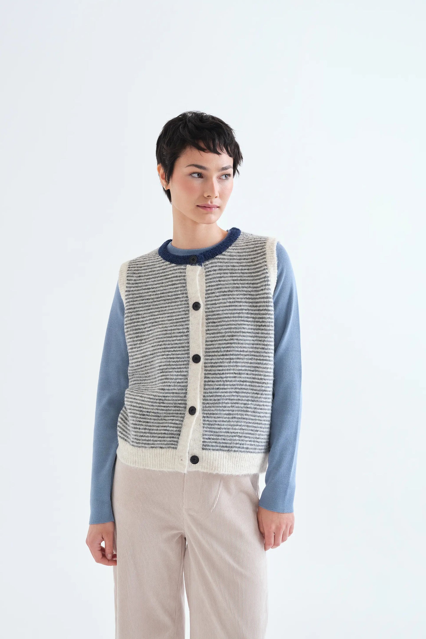 Knitted vest with navy and white striped print