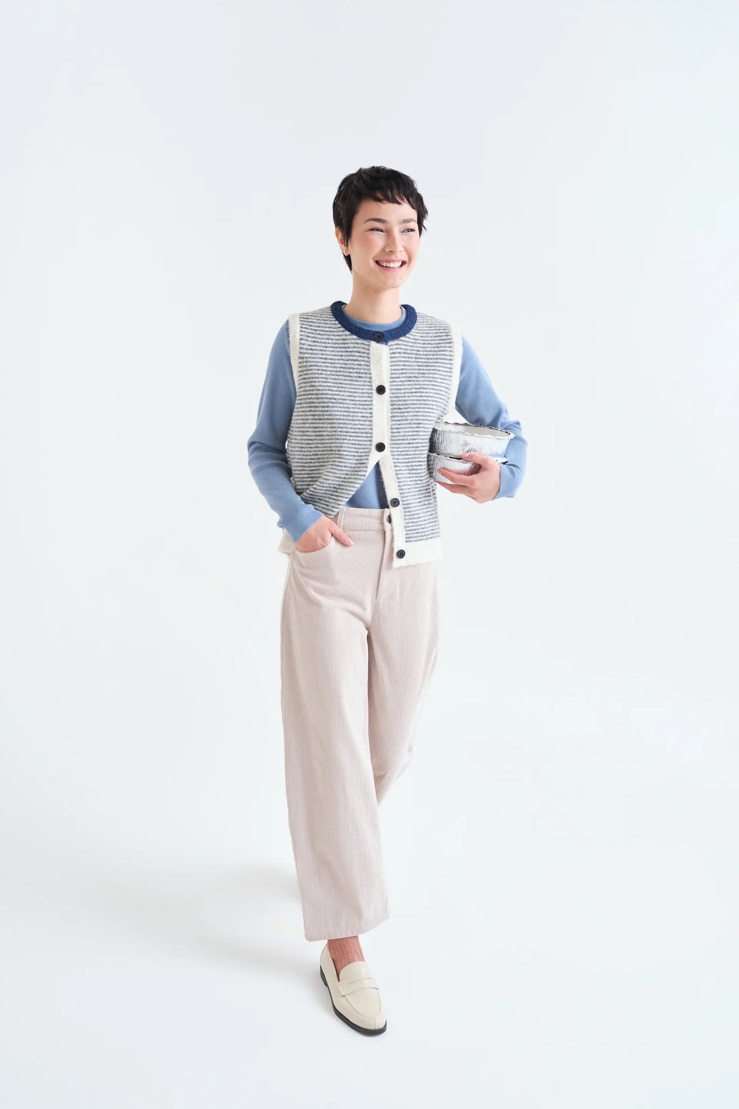 Knitted vest with navy and white striped print