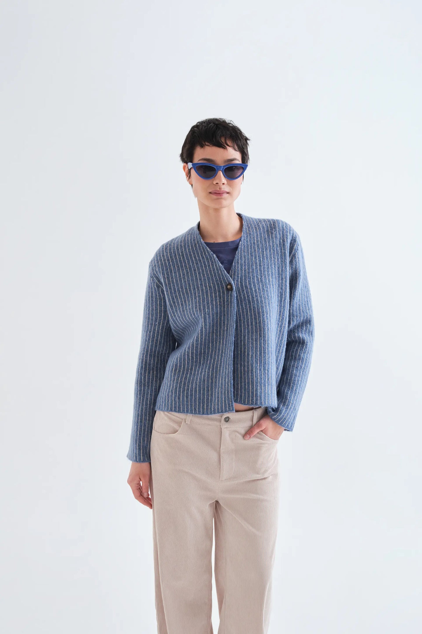 Light blue and white striped cardigan