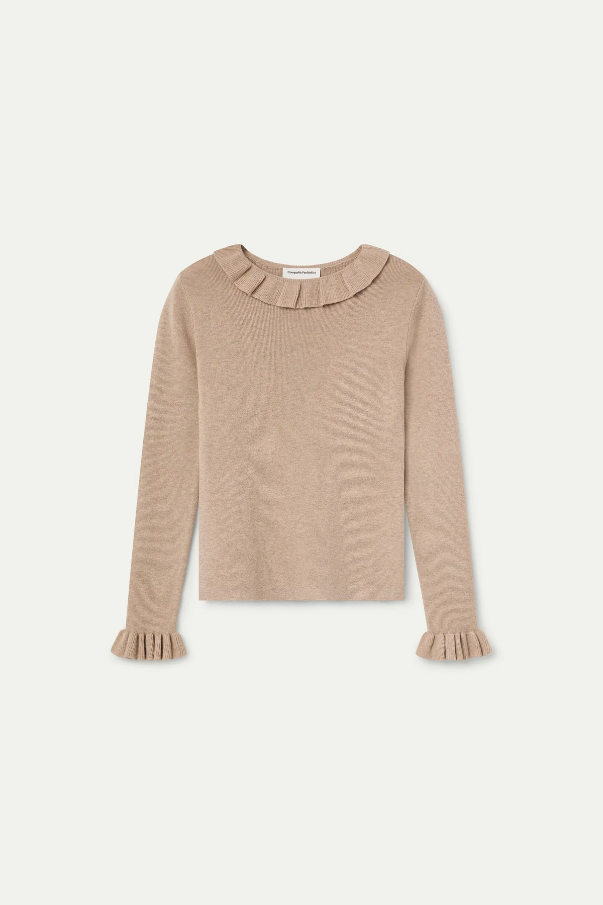 Top con volant in maglia beige