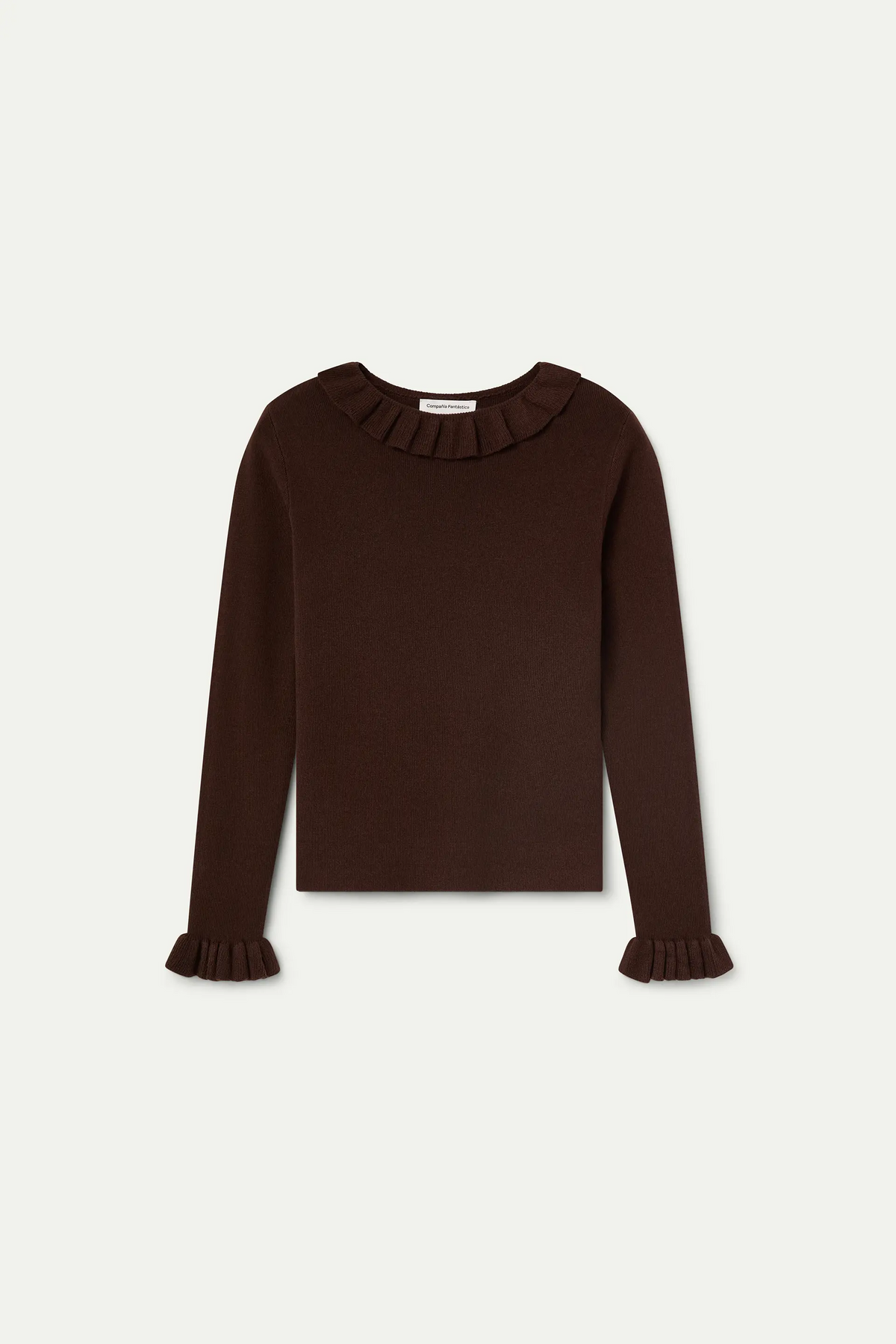 Top con volant in maglia marrone