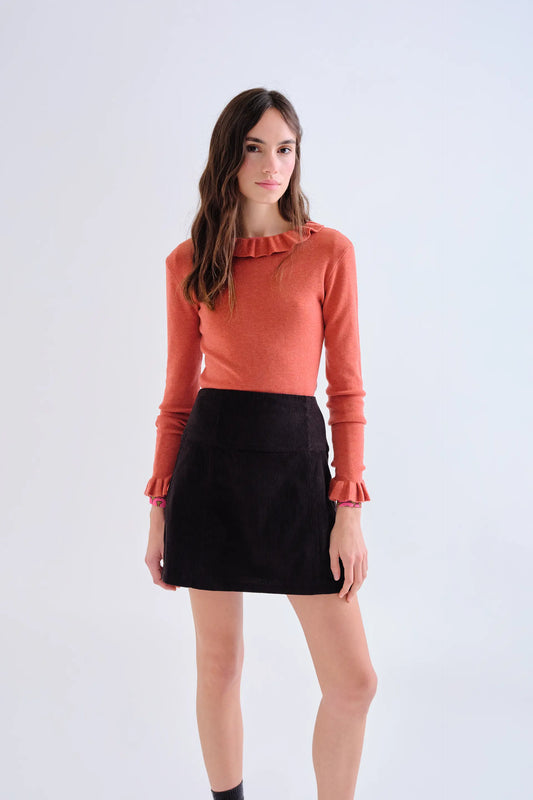 Top con volant in maglia color ruggine