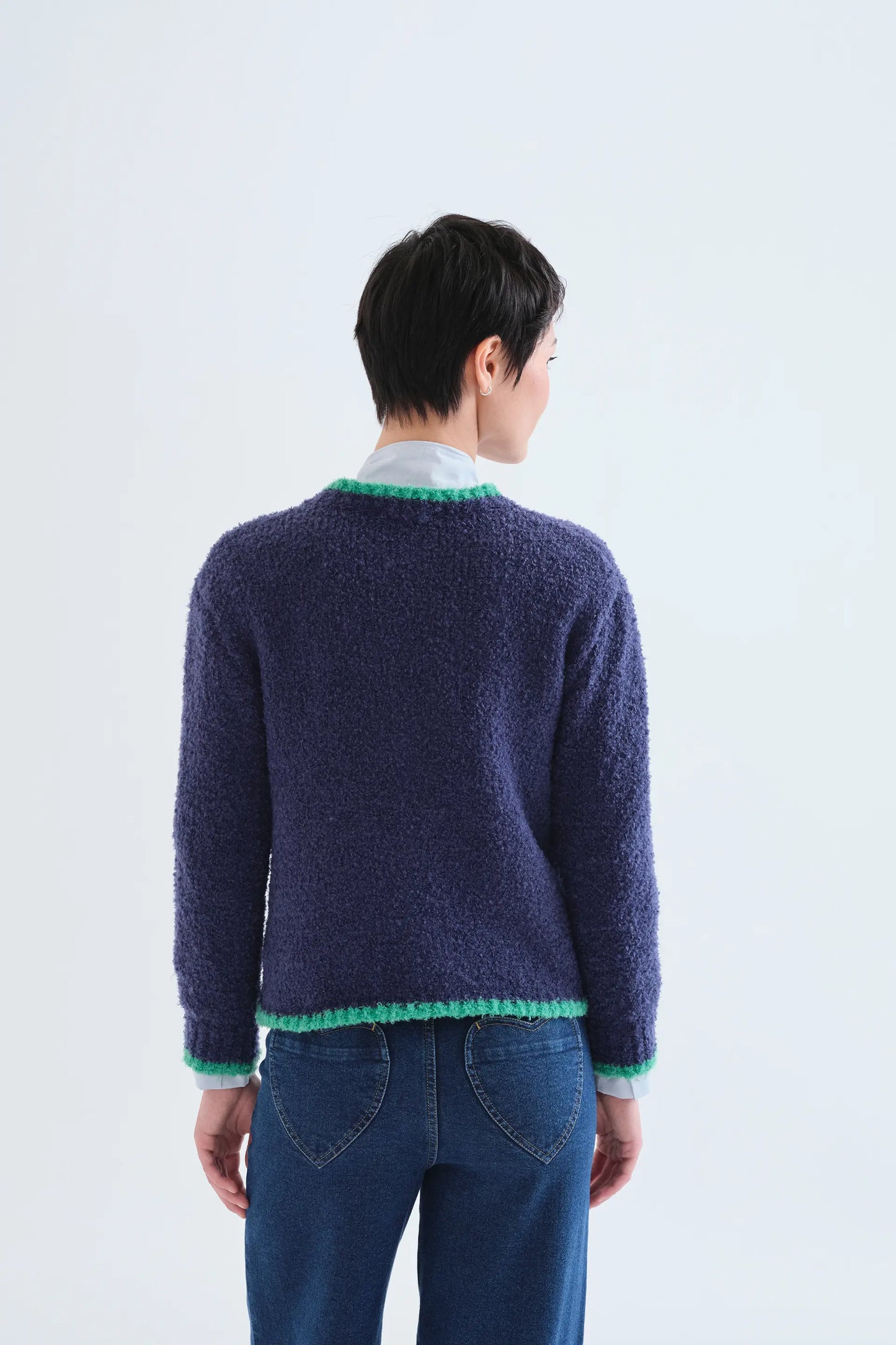 Navy blue cardigan with green details