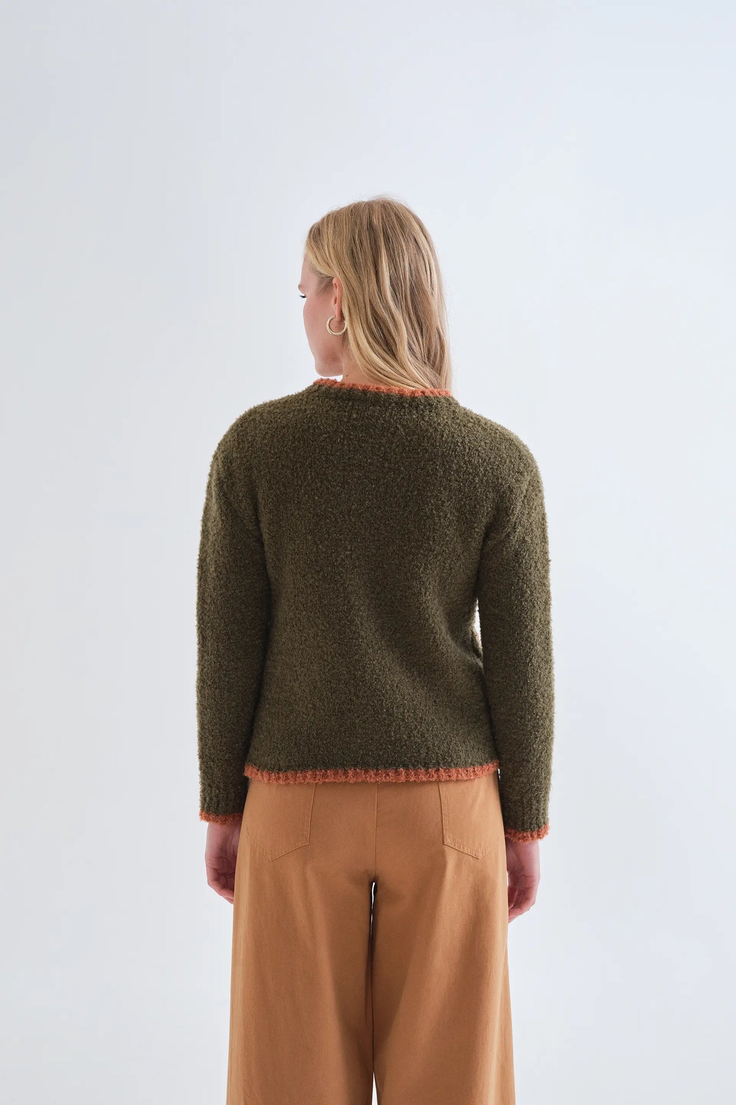 Cardigan bicolore verde scuro e arancione