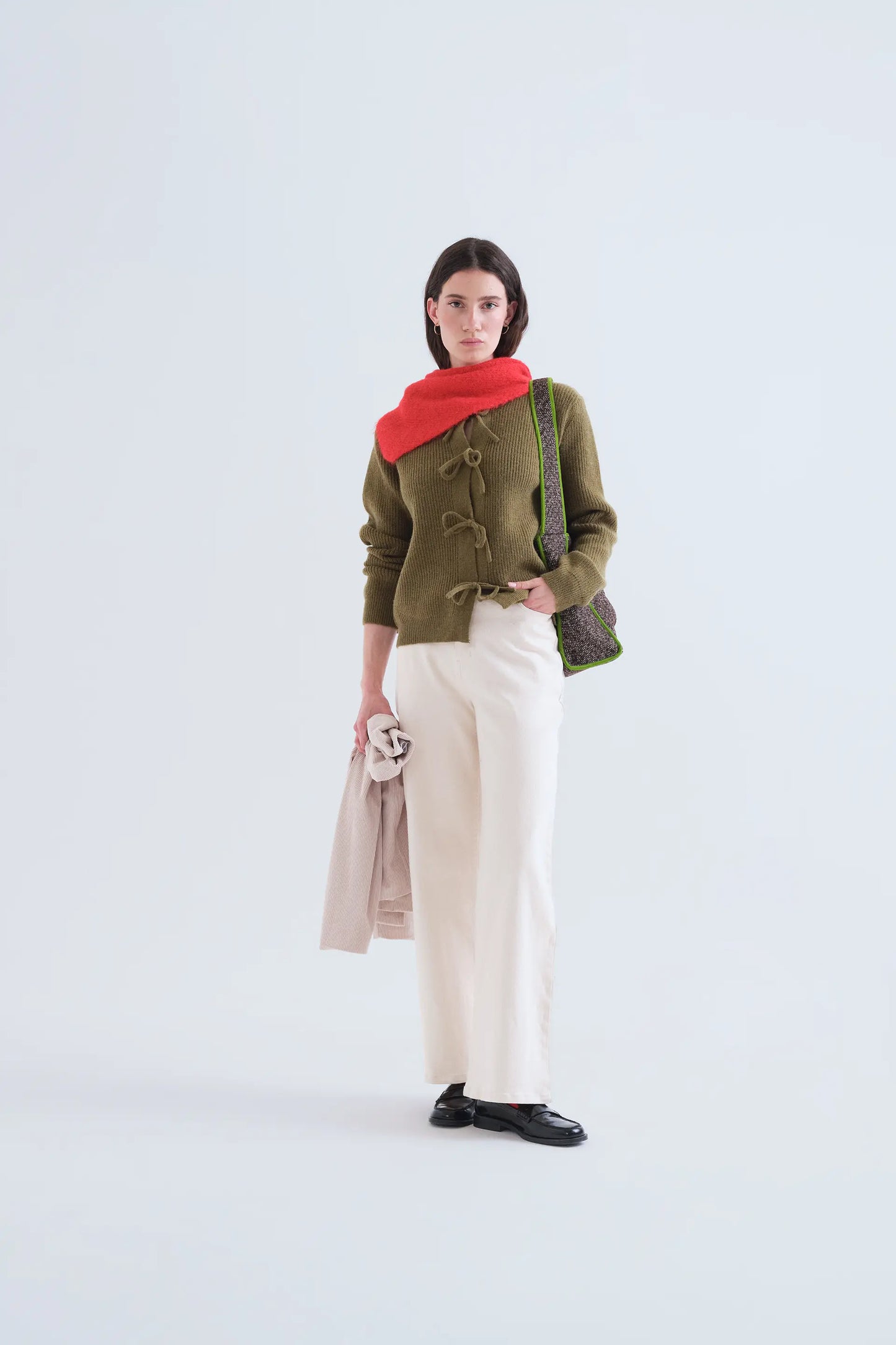 Olive green knit cardigan with ties