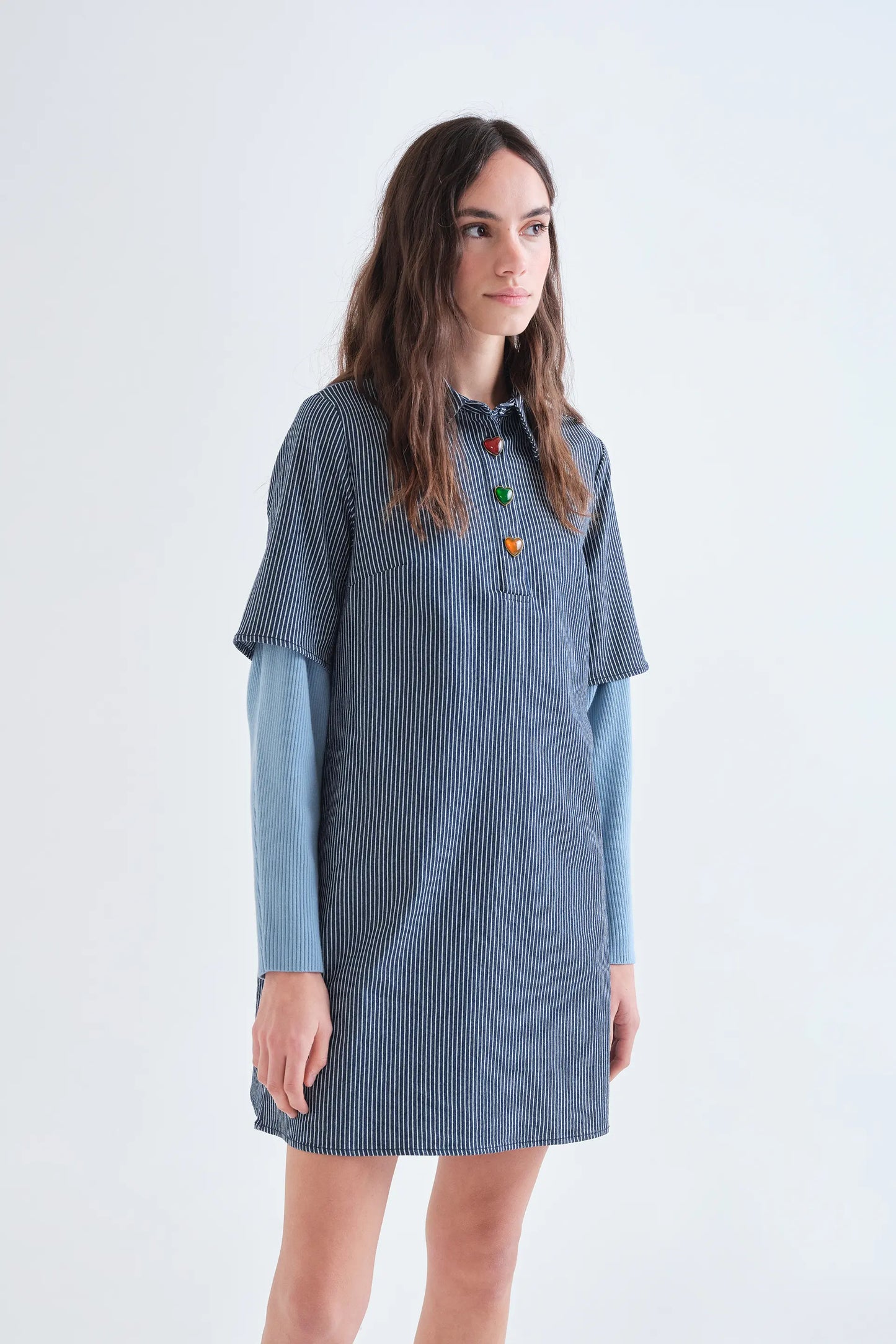 Short denim dress with blue and white stripes