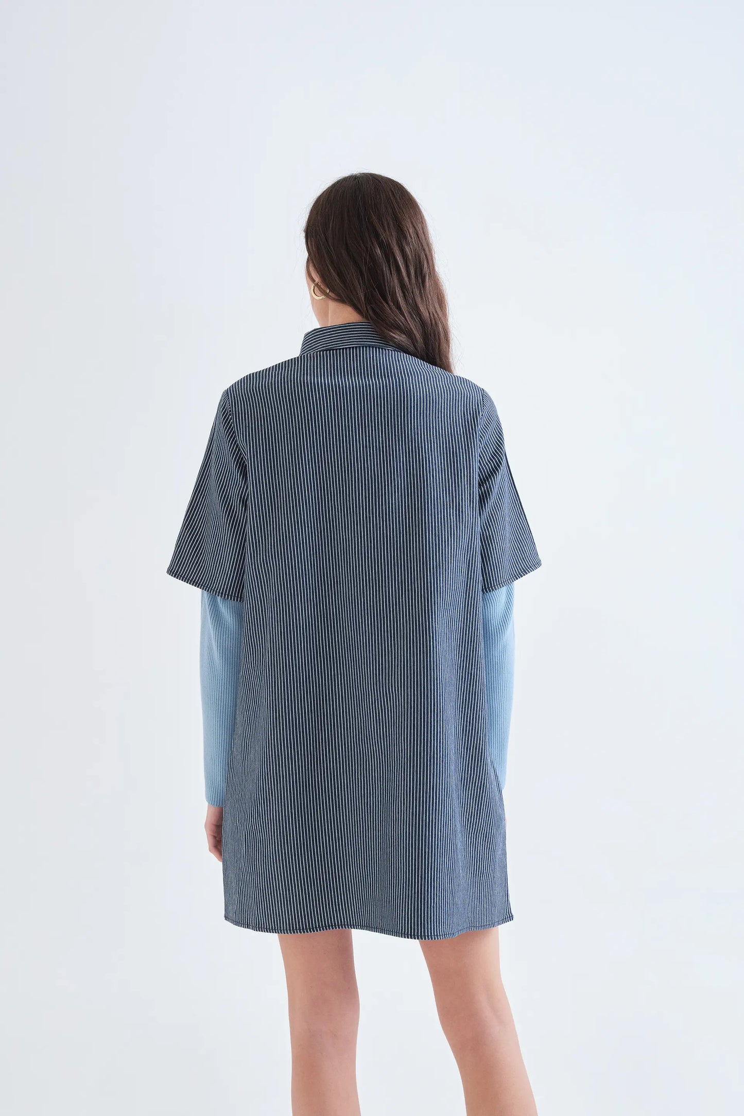 Short denim dress with blue and white stripes
