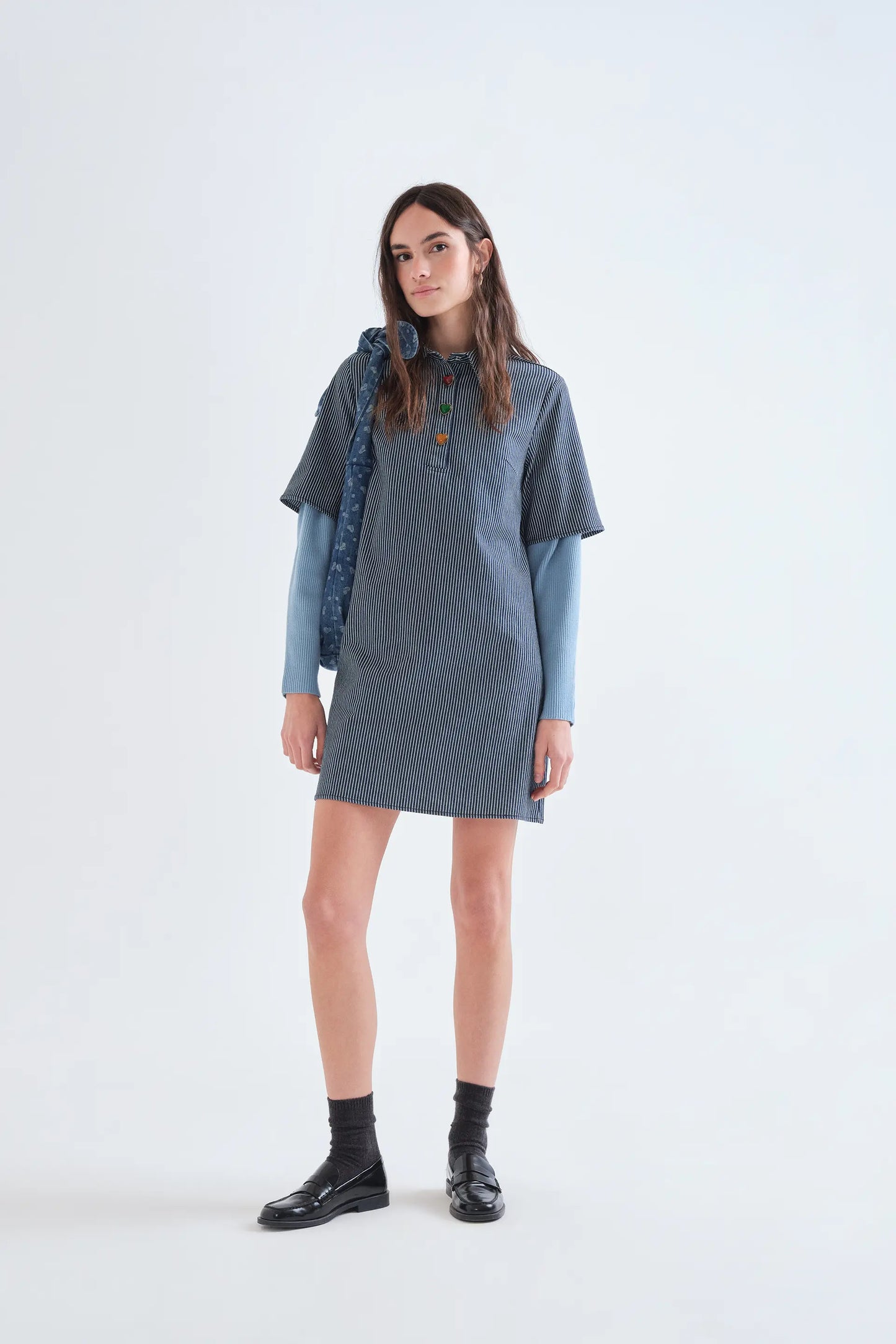 Short denim dress with blue and white stripes