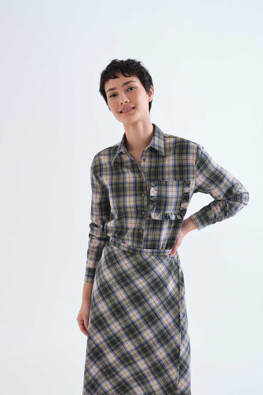 Camisa 100% algodón con estampado de cuadros verde
