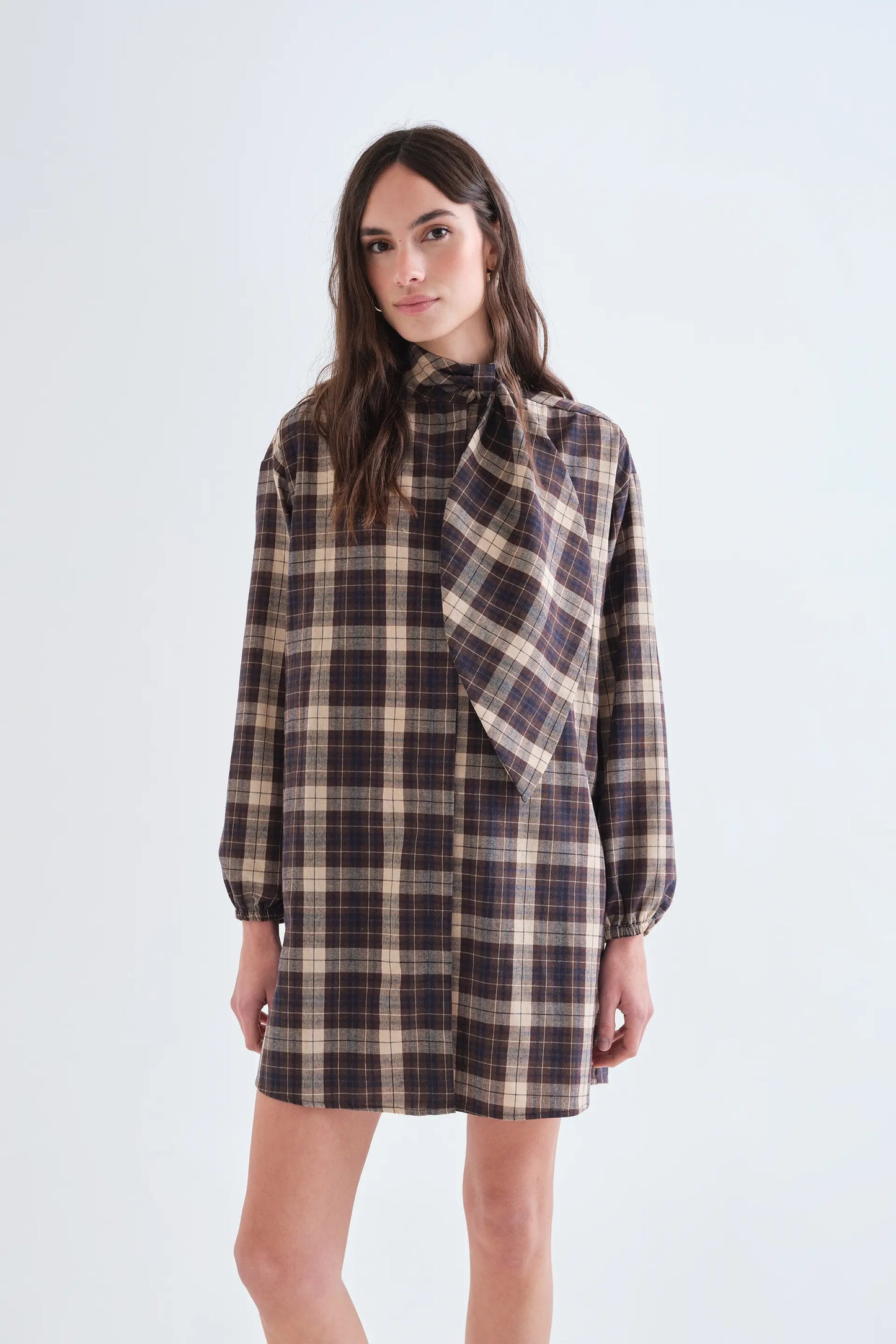 Short 100% cotton dress with brown plaid print