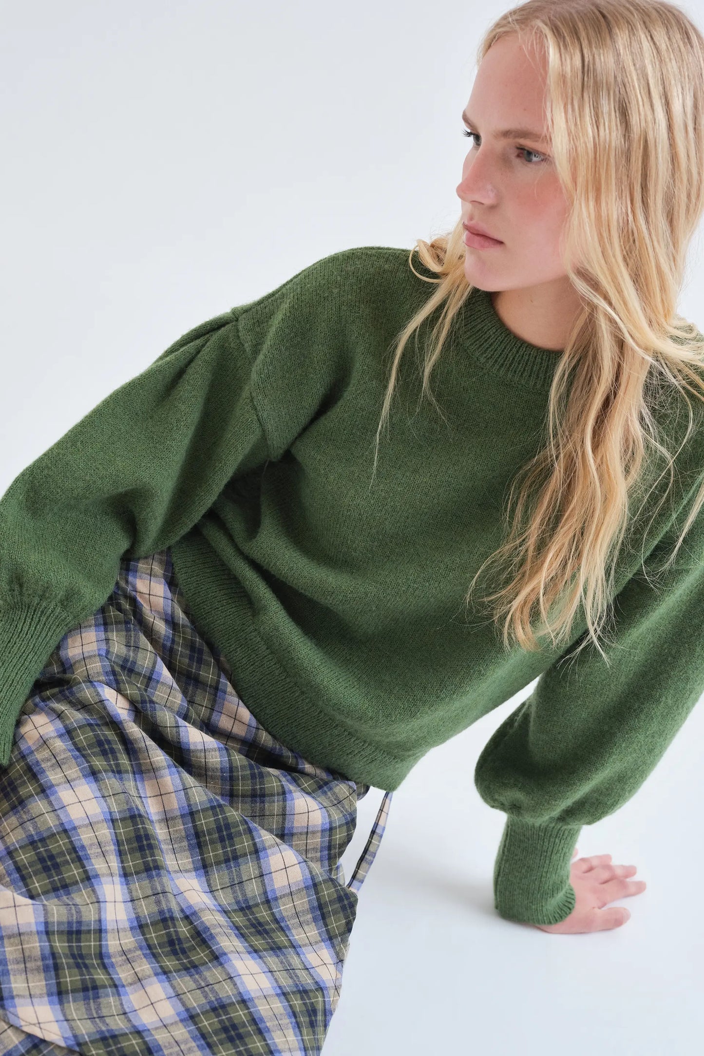 Falda midi 100% algodón con estampado de cuadros verde