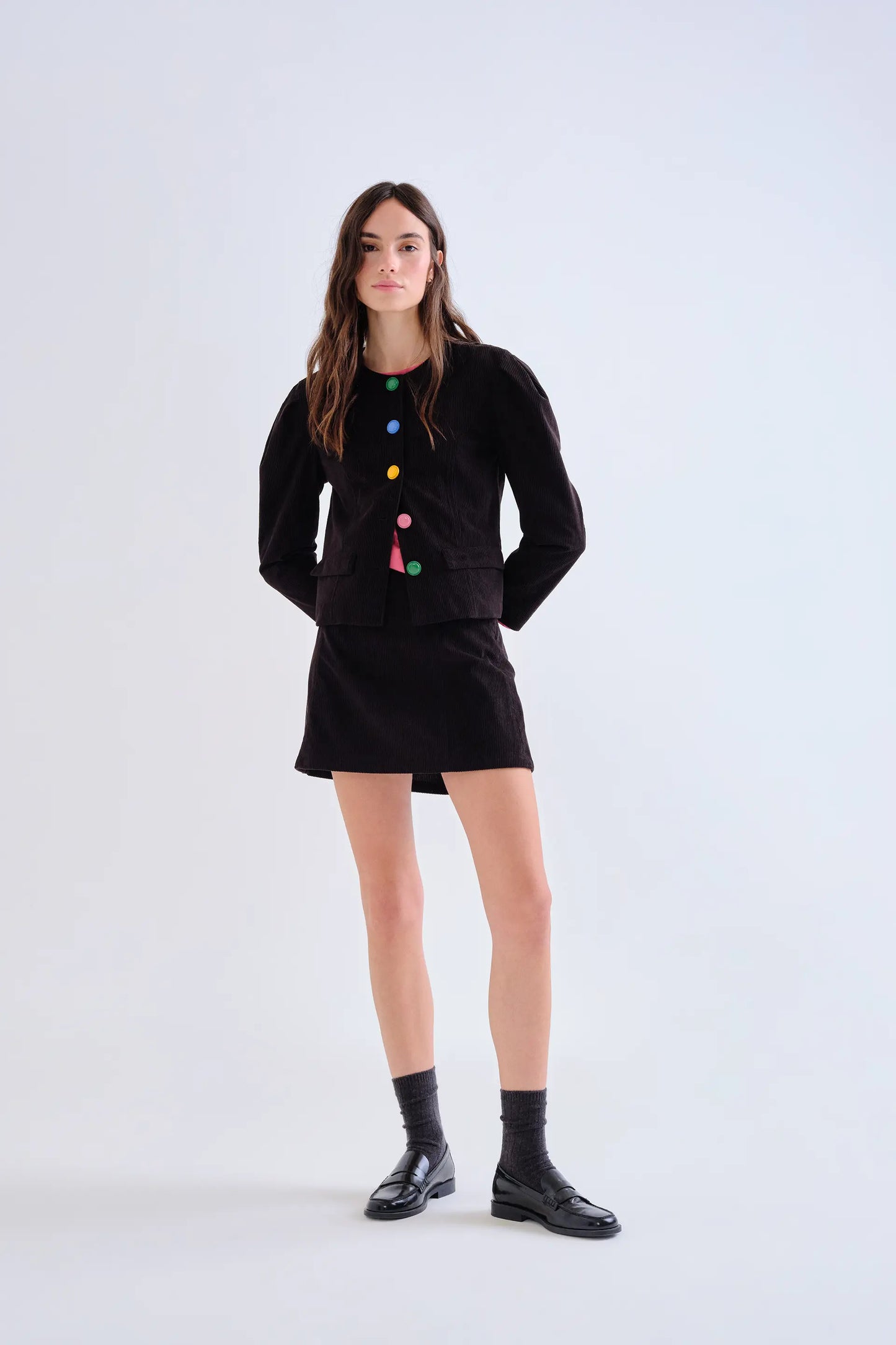 Black corduroy jacket with multicolor buttons