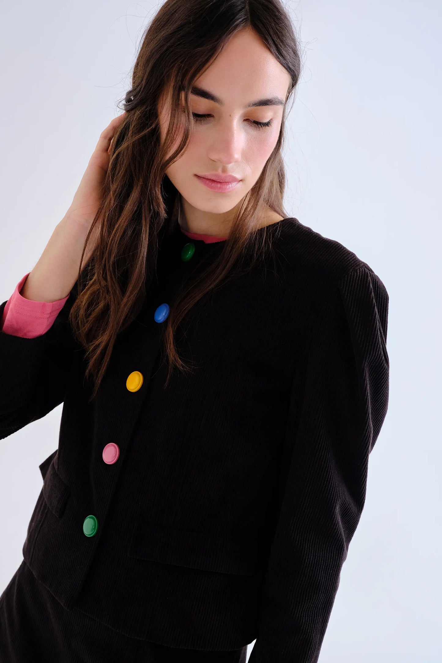 Black corduroy jacket with multicolor buttons