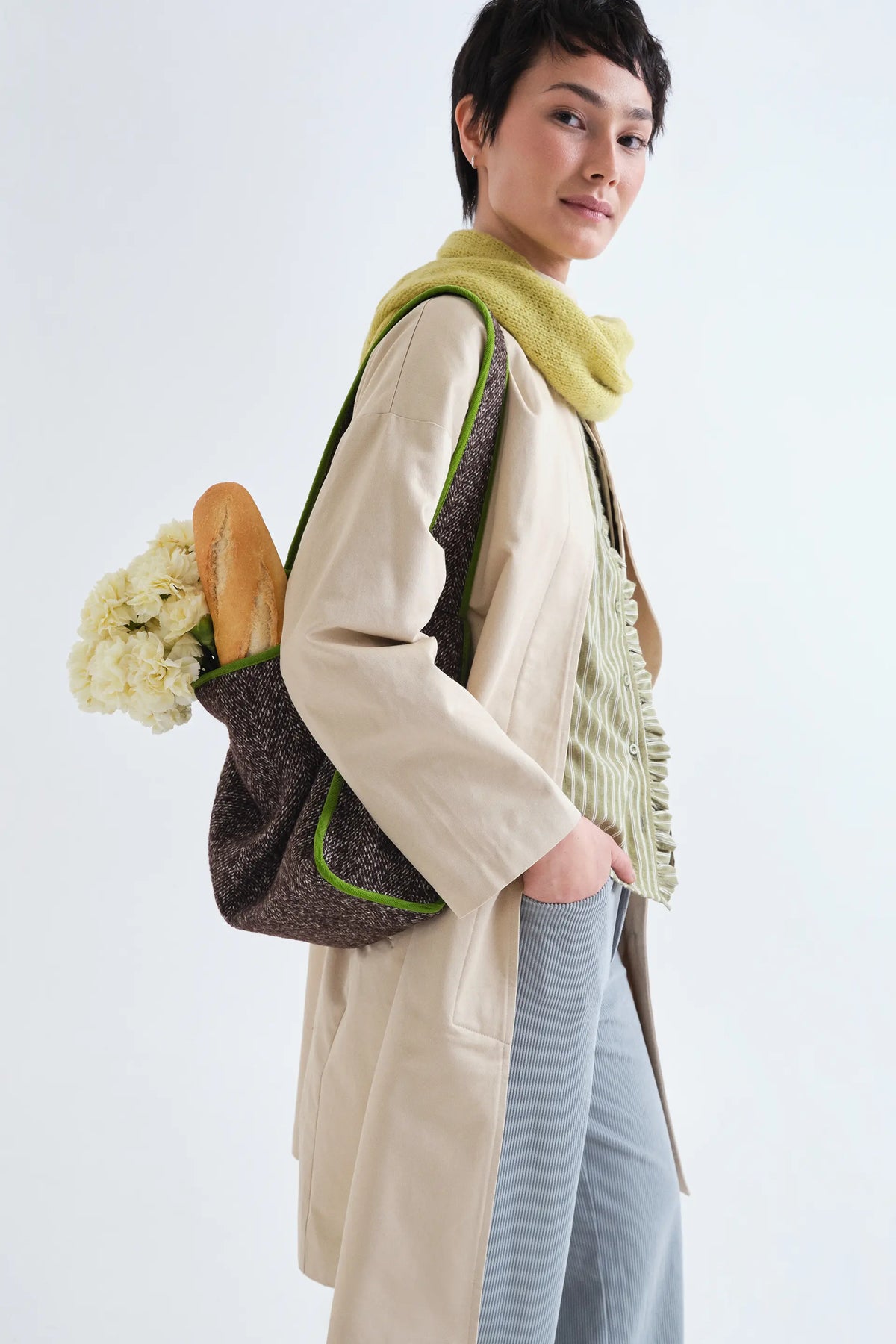 Light green striped shirt with ruffle detail