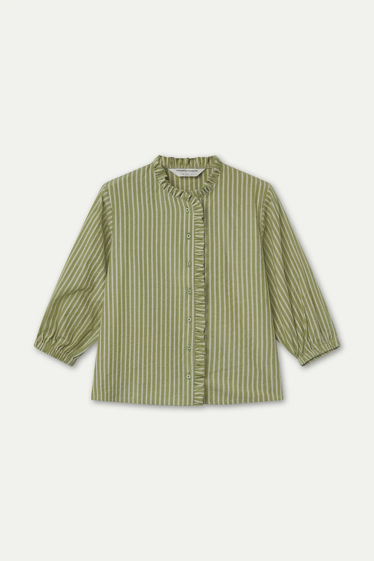 Light green striped shirt with ruffle detail