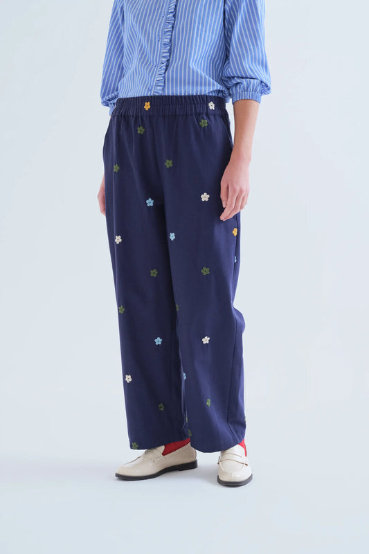 Pantalone 100% cotone blu navy con ricamo floreale