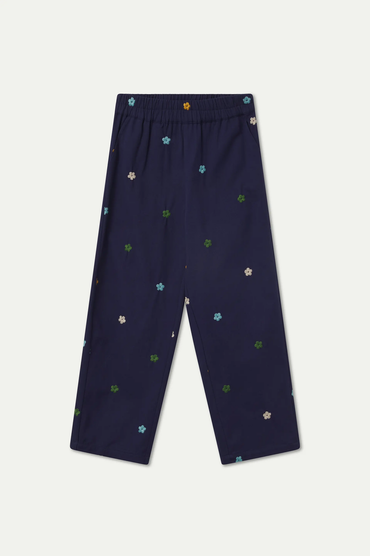 Pantalone 100% cotone blu navy con ricamo floreale