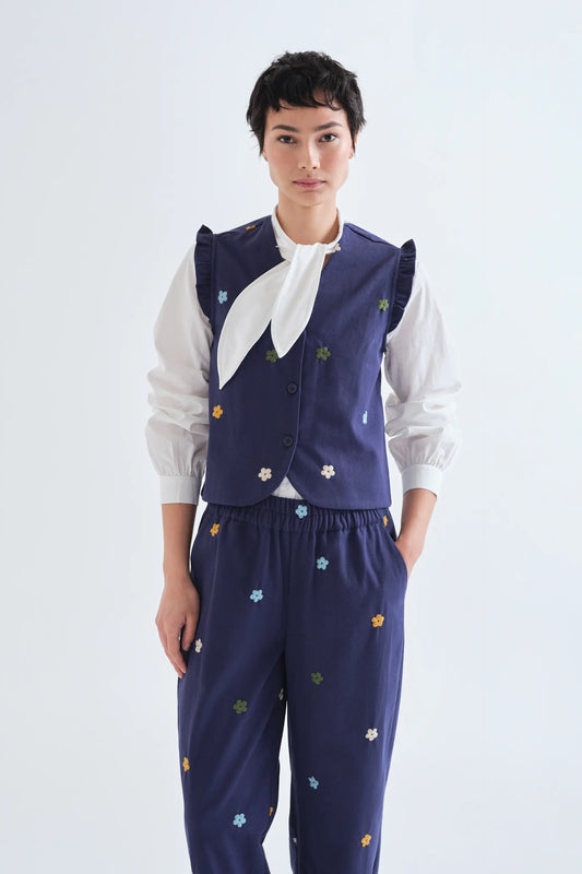 Gilet 100% cotone blu navy con ricamo floreale