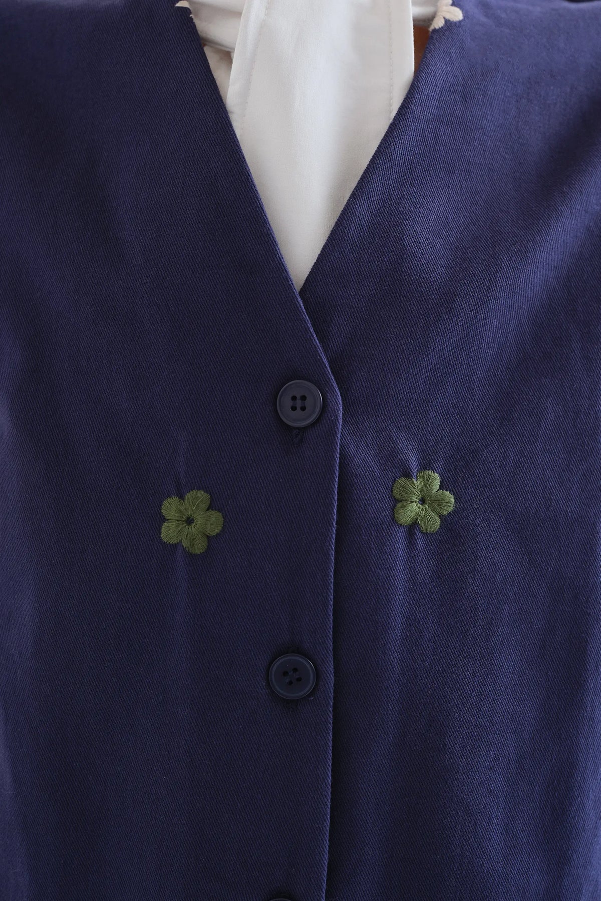 Gilet 100% cotone blu navy con ricamo floreale