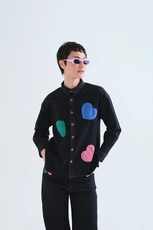 Black denim shirt with Candy print