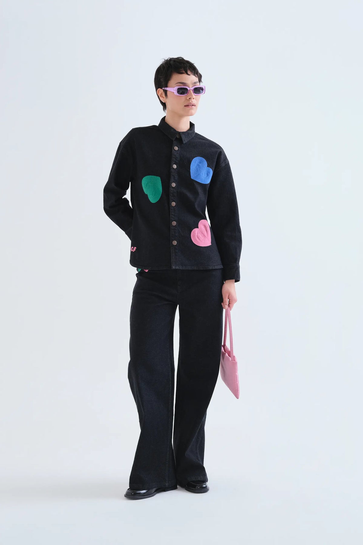 Camicia in denim nera con stampa Candy