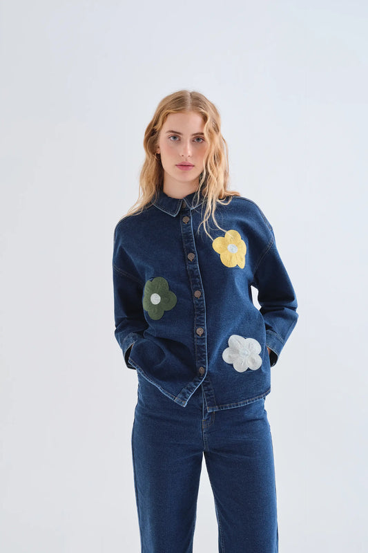 Camicia di jeans blu con stampa Euphonia