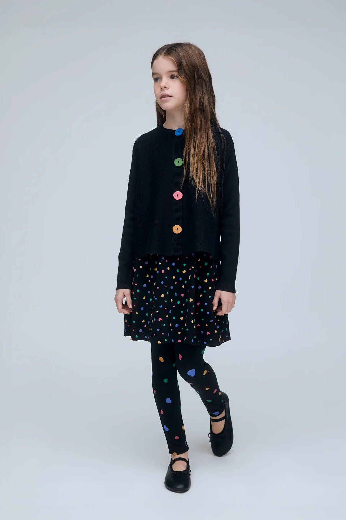Cardigan nero da bambina con bottoni multicolore