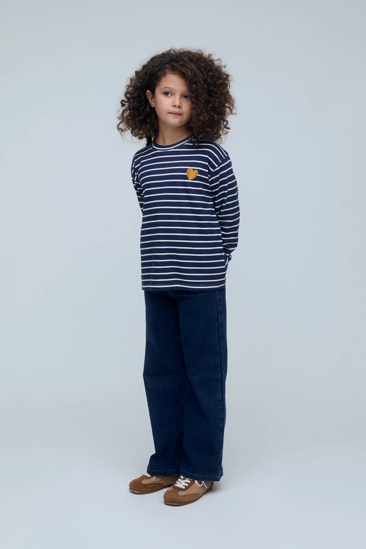 Maglietta da bambina 100% cotone con stampa a righe blu navy e bianco