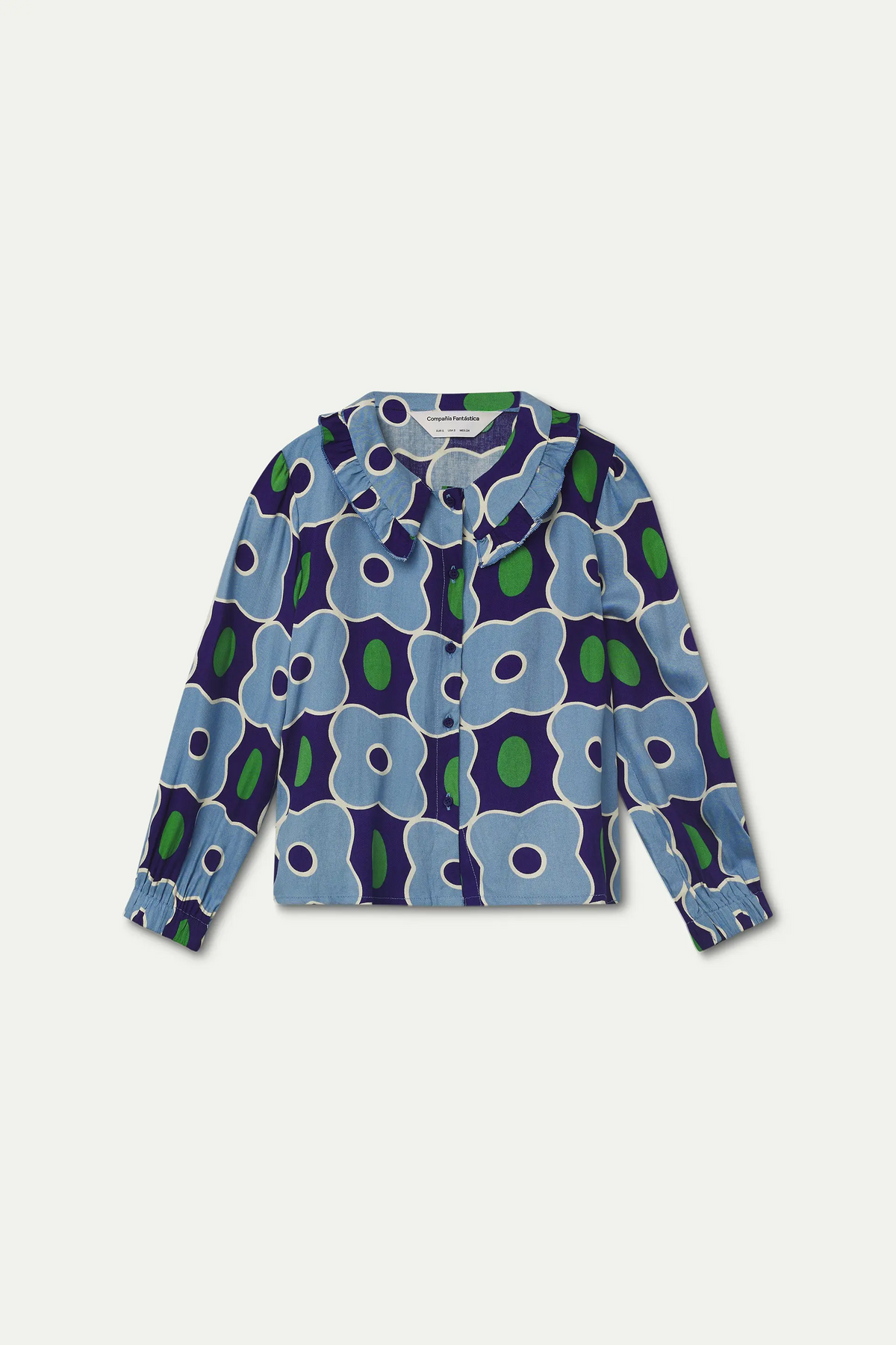 Camicia da bambina con collo a balze e stampa Inverness